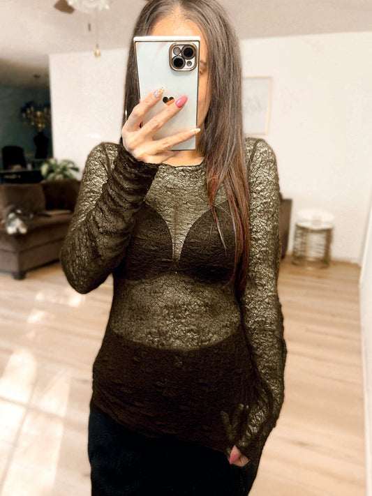 Luxe Lace and Floral Textured Long Sleeve Sheer Top - Girl Code Couture