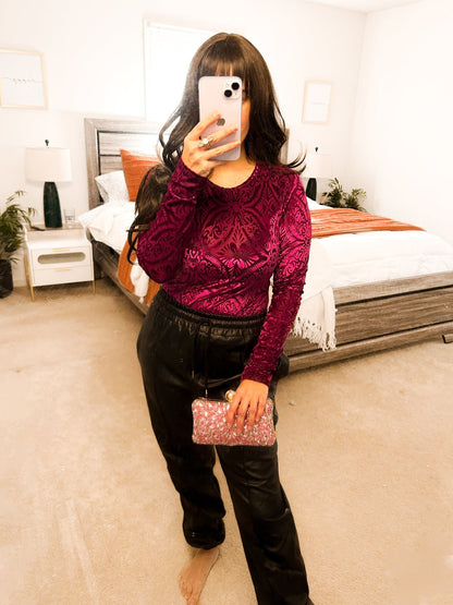 Micha Mesh & Velvet Crewneck Bodysuit - Girl Code Couture