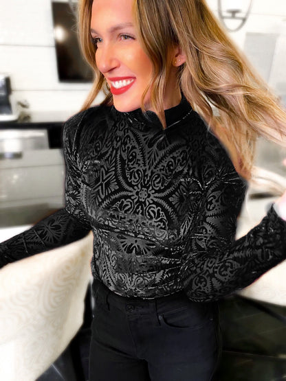 Mila Mesh & Velvet Mockneck Top - Girl Code Couture