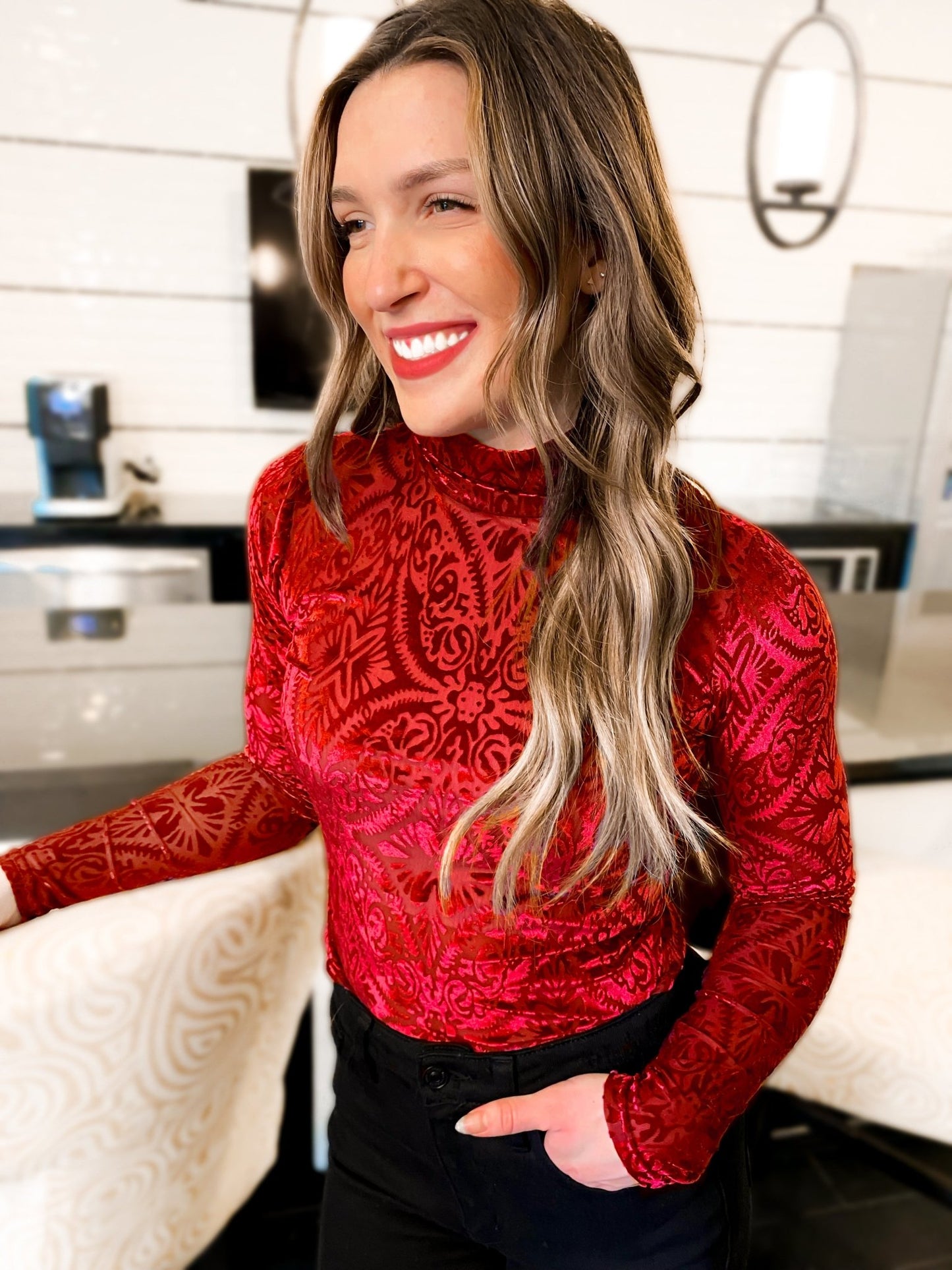 Mila Mesh & Velvet Mockneck Top - Girl Code Couture